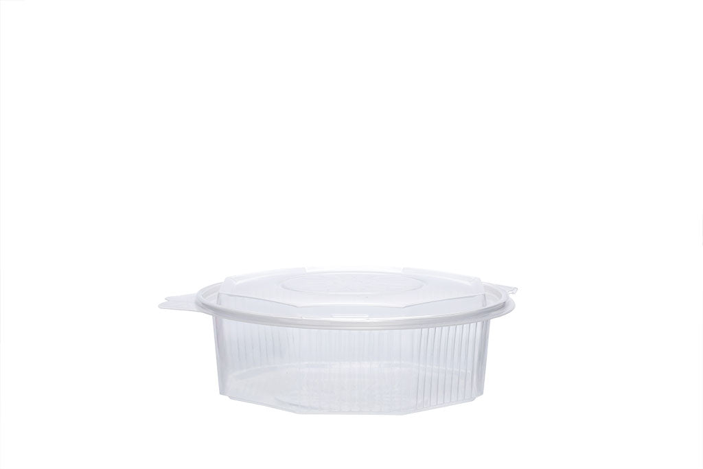 Feinkostbecher mit angehängtem Deckel, transparent, 1500 ml, 8-eckig, ⌀ 20,5 cm, Höhe 7,5 cm
